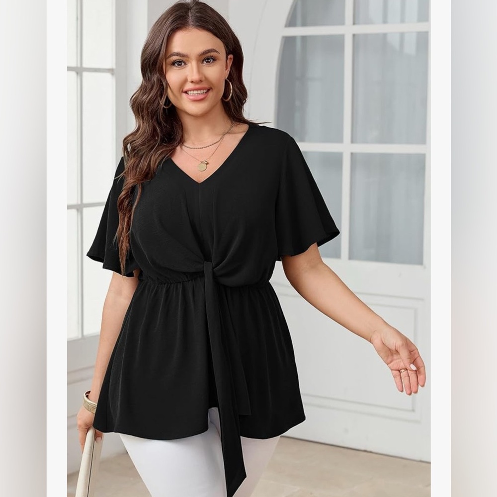 Women's Plus Size Peplum Tops Elegant V Neck Tie Front Bell Sleeve Flowy top